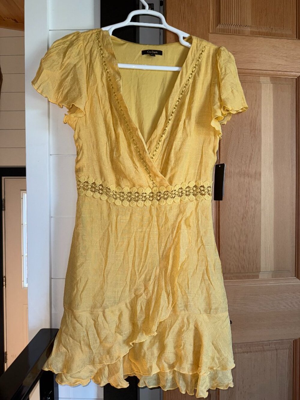 NWT City Studio Women's XL Mustard Yellow Lace Trim Wrap Ruffle Dress